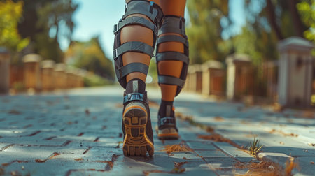 A person walking on a brick walkway with knee pads and leg braces, AIの素材
