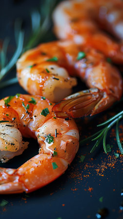 A close up of a plate with shrimp and herbs on it, AIの素材