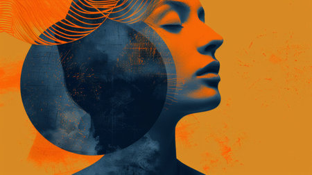 A woman with a large orange and blue headband on her face, AIの素材
