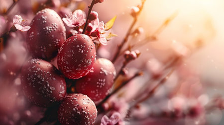 easter composition, close up of a bunch of red eggs on the branch, AIの素材