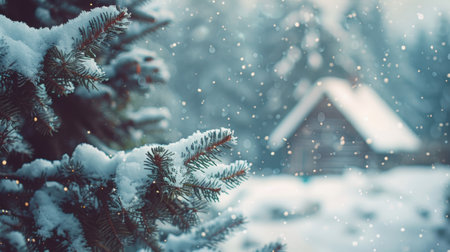 A snowy scene with a cabin in the background and snow falling, AIの素材