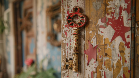 A rusty key hanging on a wall with some graffiti, AIの素材