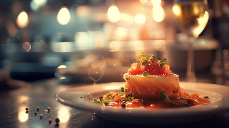 A close up of a plate with food on it and wine, AIの素材