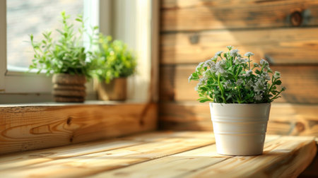A potted plants on a wooden table next to two windows, AIの素材