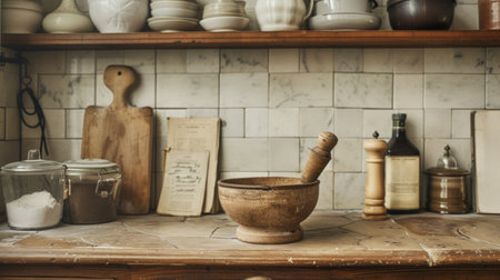 A mortar and pestle on a counter top with jars of spices, AIの素材