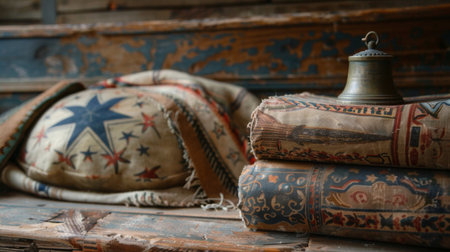 A bell sitting on top of a stack of old blankets, AIの素材