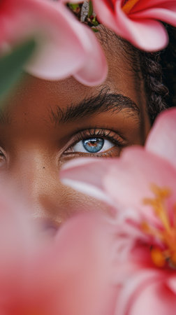 A close up of a womans face through some flowers, AIの素材