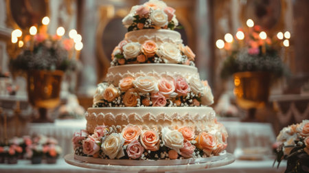 A large wedding cake with many layers of flowers on top, AIの素材
