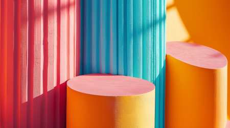 A close up of a colorful wall with three different colored pillars, AIの素材