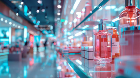 A store display of bottles and soaps on a shelf, AIの素材