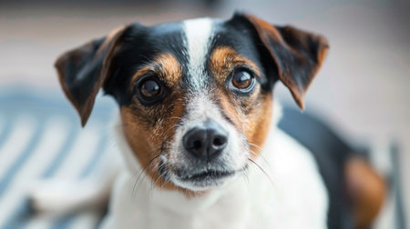 A close up of a dog sitting on the floor looking at something, AIの素材