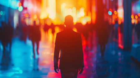 A person walking down a city street at night with colorful lights, AIの素材