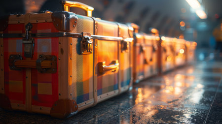 A row of colorful suitcases lined up on a tiled floor, AIの素材