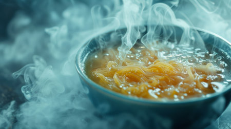 A bowl of noodles with steam rising from it on a table, AIの素材