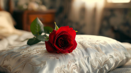 A single red rose sitting on a pillow in front of the bed, AIの素材