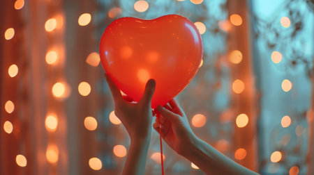 A person holding a red heart shaped balloon in front of lights, AIの素材
