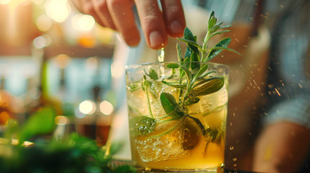 A person pouring a drink with herbs and spices into it, AIの素材