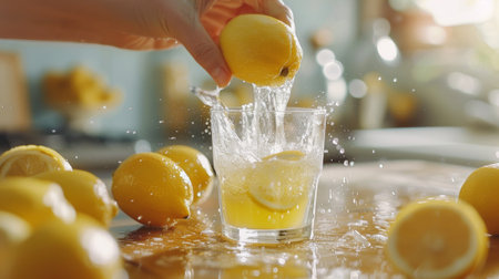 A person pouring lemon juice into a glass of water, AIの素材