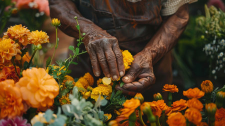 A man is arranging flowers in a vase with his hands, AIの素材