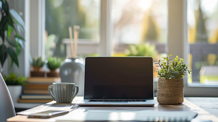A laptop computer sitting on a desk with plants and coffee cup, AIの素材