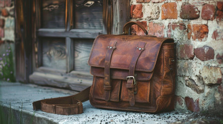 A brown leather bag sitting on the side of a brick wall, AIの素材