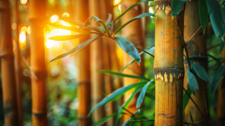 A close up of a bamboo forest with the sun shining through, AIの素材