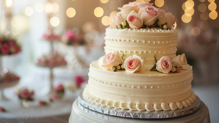 A wedding cake with roses on top of it sitting in front of a table, AIの素材