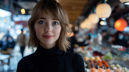 A woman with a black sweater and dark hair standing in front of food, AIの素材