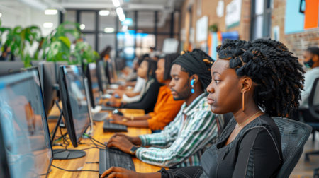 A group of people sitting at computers in a room, AIの素材