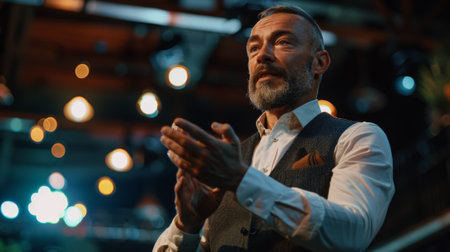 A man in a vest and tie clapping his hands together, AIの素材