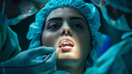 A woman in a blue surgical gown getting her teeth cleaned, AIの素材