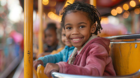 A young girl smiling while riding on a ride at the fair, AIの素材