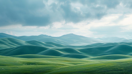 A large green hills with mountains in the background under a cloudy sky, AIの素材