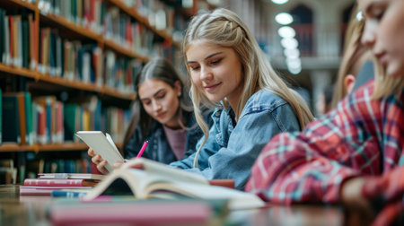 A group of young women sitting at a table in the library, AIの素材