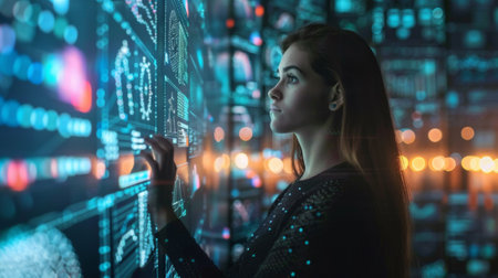 A woman looking at a digital display of information, AIの素材