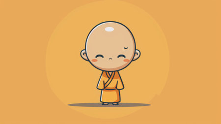 A cartoon of a little boy in an orange robe with his eyes closed, AIの素材