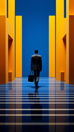A man walking down a hallway with his briefcase in hand, AIの素材