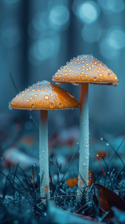 Two mushrooms with rain drops on them in the grass, AIの素材