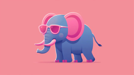 A cartoon elephant wearing sunglasses and pink shades on a red background, AIの素材
