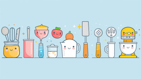 A cartoon illustration of kitchen utensils and appliances, AIの素材