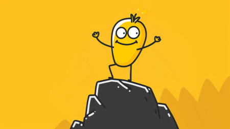 A cartoon character standing on top of a mountain with arms raised, AIの素材
