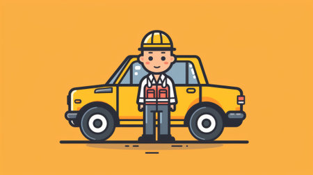 A cartoon man standing next to a car with yellow background, AIの素材