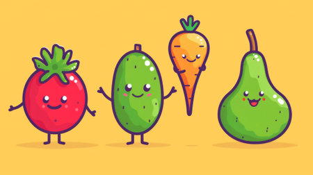 A group of cartoon fruits and vegetables are shown in a row, AIの素材