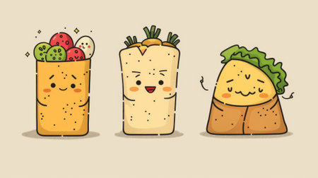 Three cartoon burritos with different expressions and faces, AIの素材