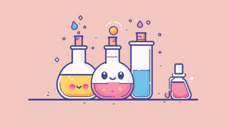 Three bottles with different liquids and a face on them, AIの素材