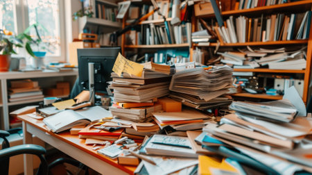 A pile of books and papers on a desk in front of a window, AIの素材
