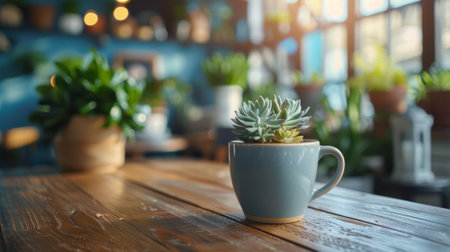 A small succulent plant in a coffee cup on top of wooden table, AIの素材