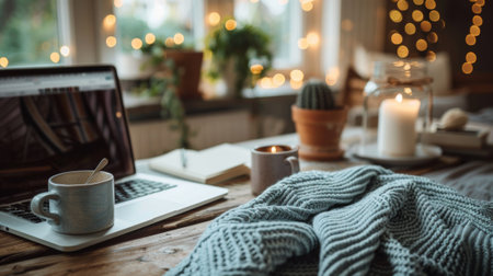 A laptop computer on a wooden table with coffee cup and candle, AIの素材