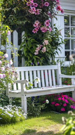 A white bench in front of a garden full of flowers, AIの素材
