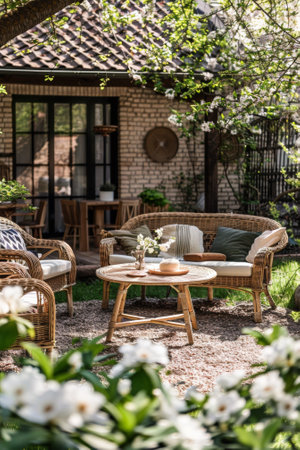 A patio furniture set in a backyard with flowers and trees, AIの素材